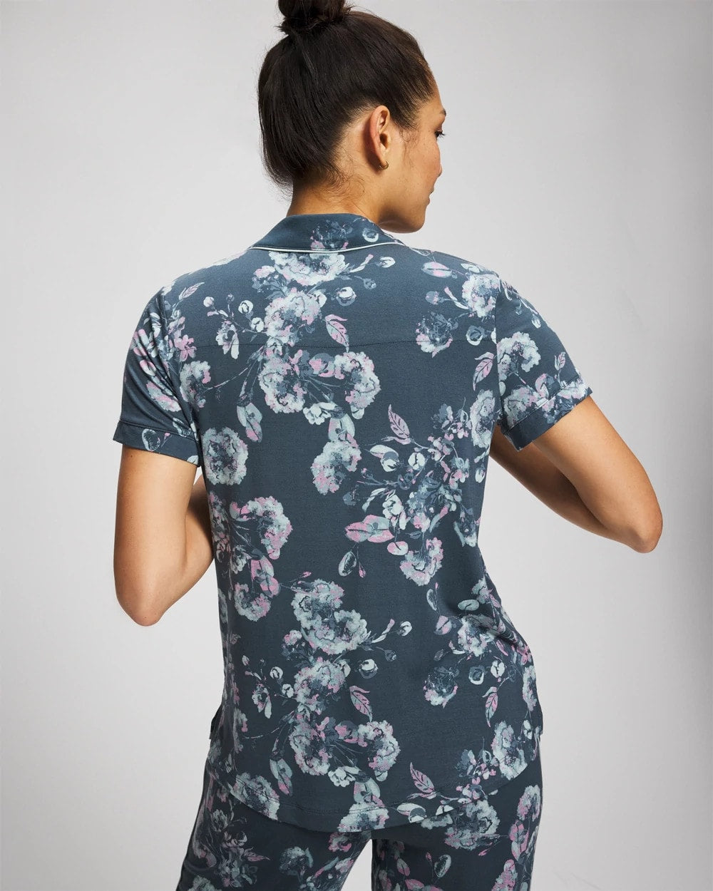 Piped Short Sleeve Notch Collar Pajama Top - FLORA SHIMMER PETROL | Soma near me