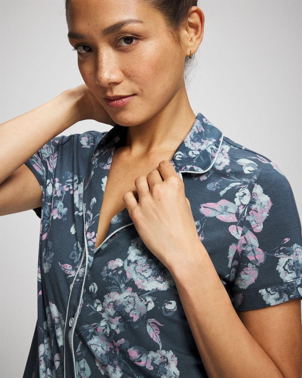 Piped Short Sleeve Notch Collar Pajama Top - FLORA SHIMMER PETROL | Soma near me