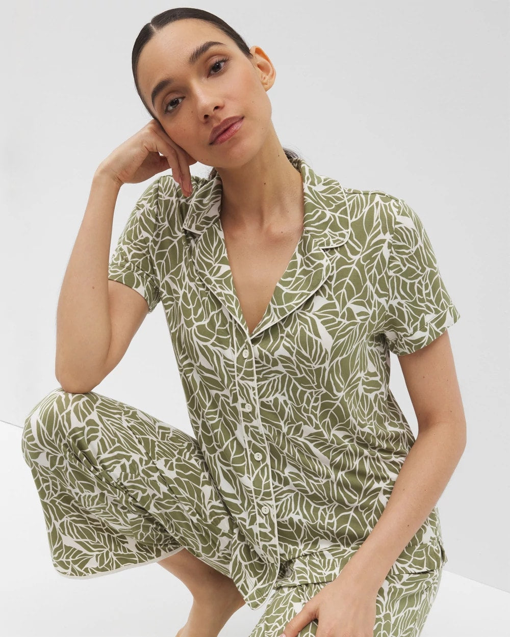Piped Short Sleeve Notch Collar Pajama Top - PALMTASTIC VETIVER/CHAMP | Soma on sale