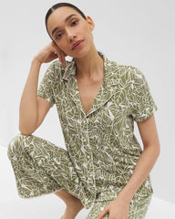 Piped Short Sleeve Notch Collar Pajama Top - PALMTASTIC VETIVER/CHAMP | Soma on sale