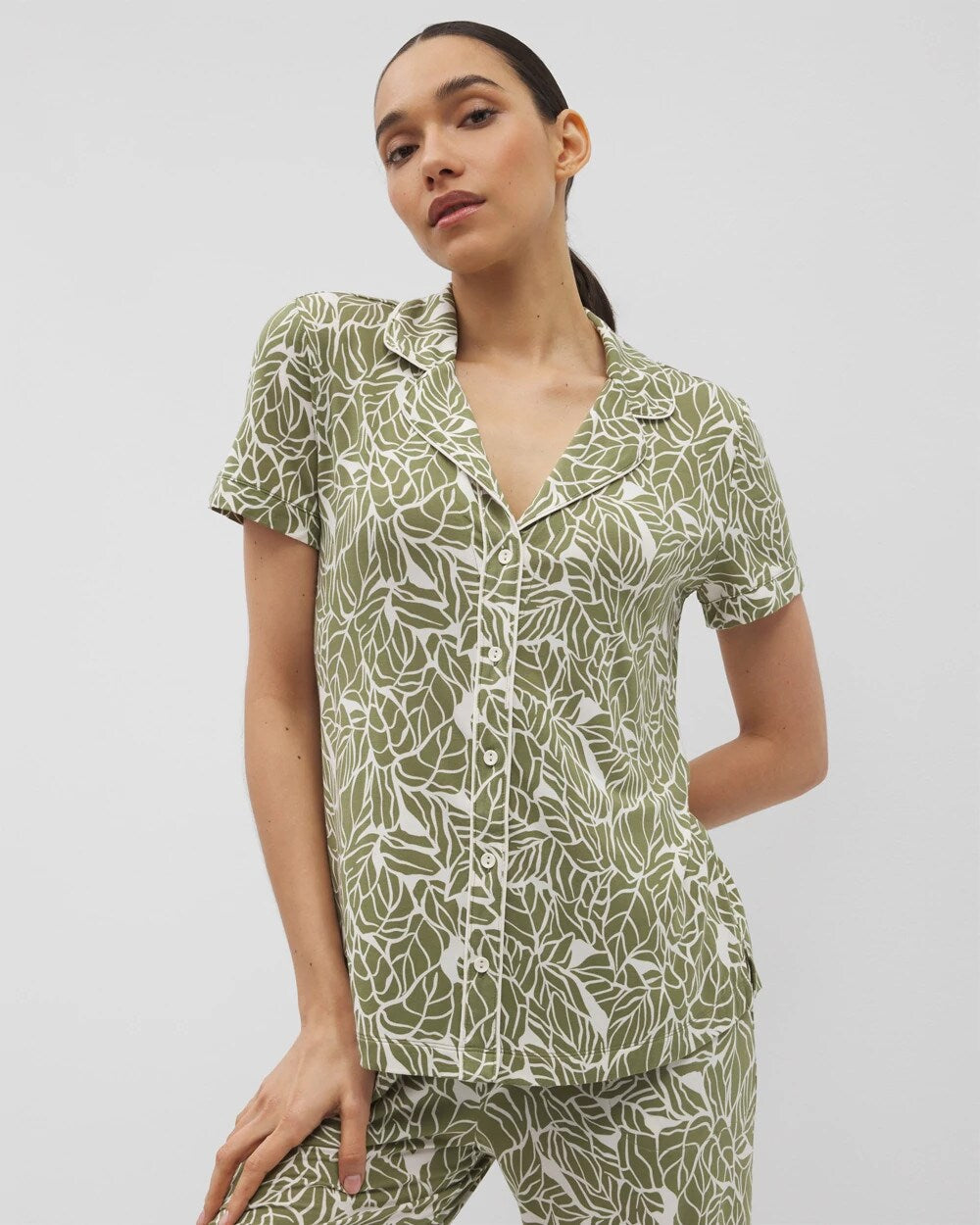 Piped Short Sleeve Notch Collar Pajama Top - PALMTASTIC VETIVER/CHAMP | Soma on sale