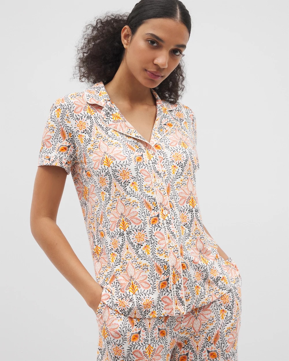 Piped Short Sleeve Notch Collar Pajama Top - VINE PAISLEY CHAMPAGNE M | Soma sale