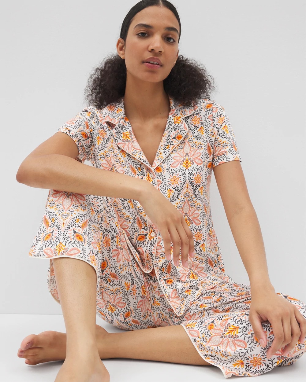 Piped Short Sleeve Notch Collar Pajama Top - VINE PAISLEY CHAMPAGNE M | Soma sale