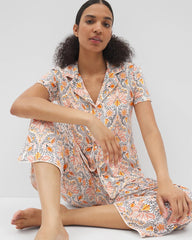 Piped Short Sleeve Notch Collar Pajama Top - VINE PAISLEY CHAMPAGNE M | Soma sale