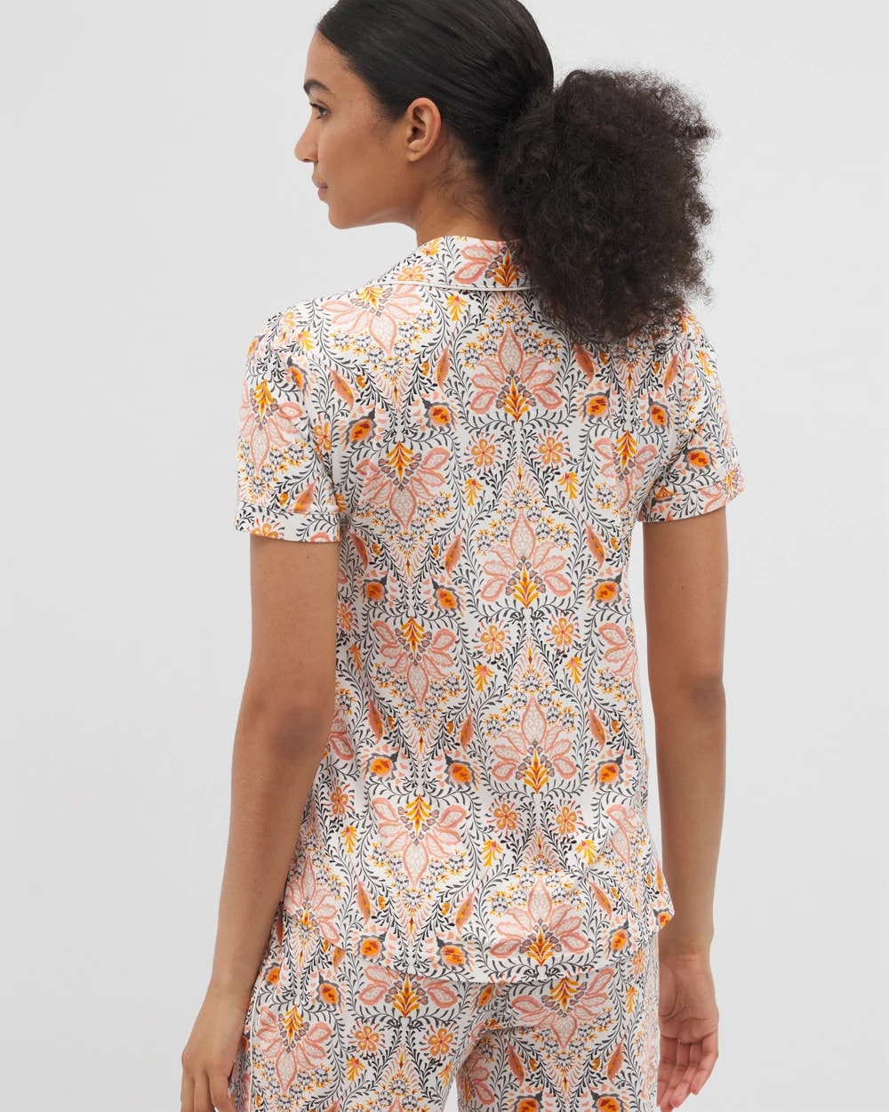 Piped Short Sleeve Notch Collar Pajama Top - VINE PAISLEY CHAMPAGNE M | Soma sale