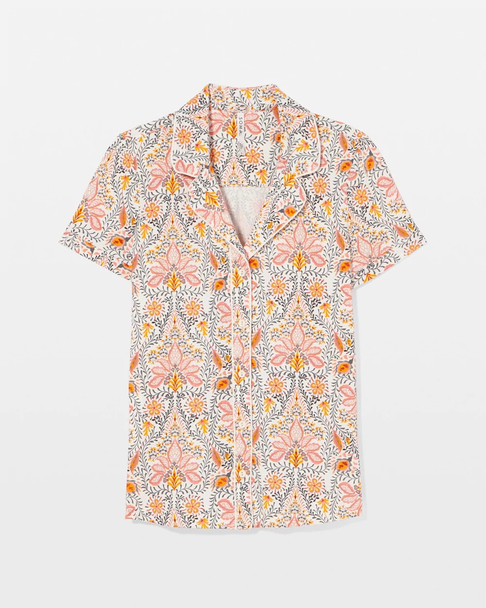 Piped Short Sleeve Notch Collar Pajama Top - VINE PAISLEY CHAMPAGNE M | Soma sale