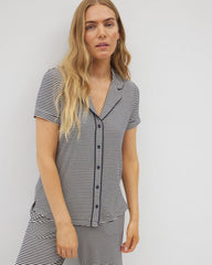 Piped Short Sleeve Notch Collar Pajama Top - NIGHTCAP STRIPE NAVY | Soma discount