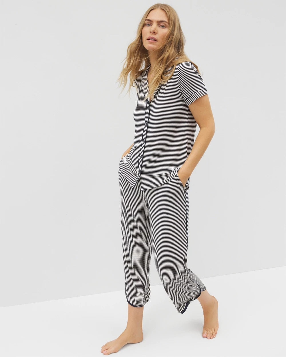 Piped Short Sleeve Notch Collar Pajama Top - NIGHTCAP STRIPE NAVY | Soma discount