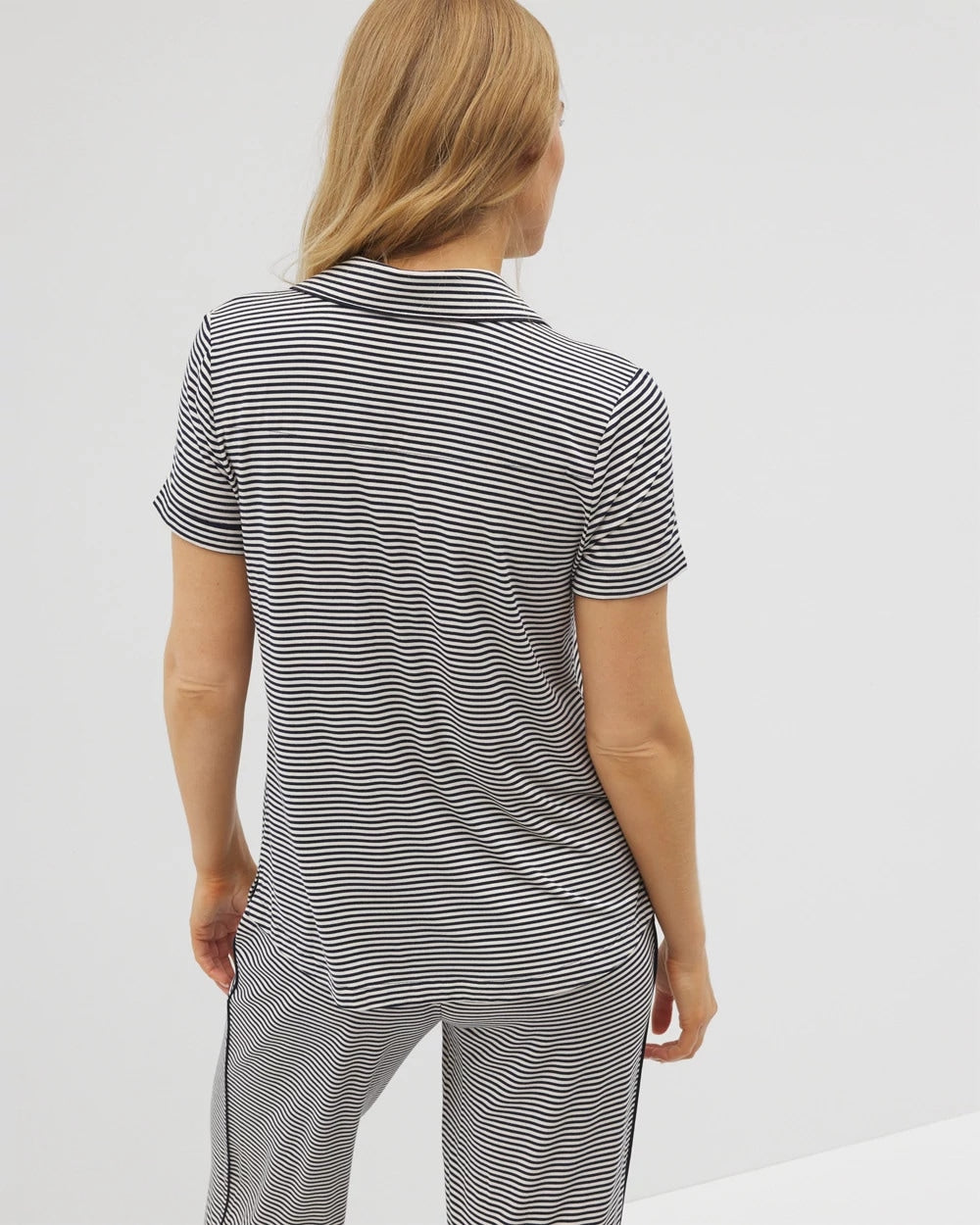 Piped Short Sleeve Notch Collar Pajama Top - NIGHTCAP STRIPE NAVY | Soma discount