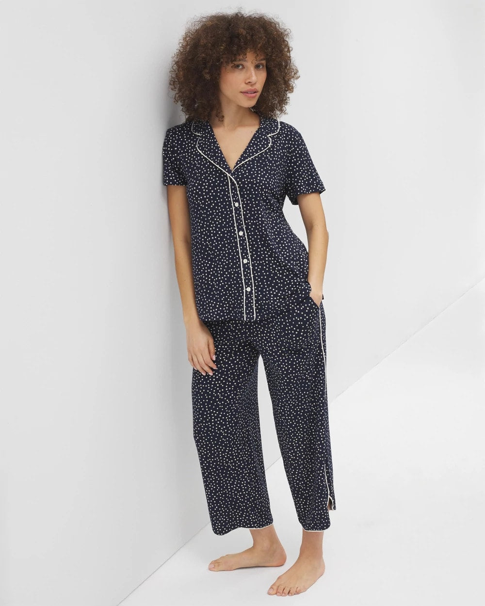 Piped Short Sleeve Notch Collar Pajama Top - DOT OBSESSED NAVY | Soma Online