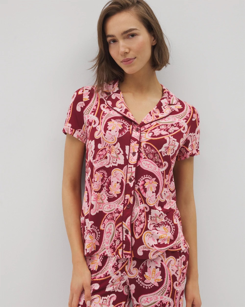 Piped Short Sleeve Notch Collar Pajama Top - KASHMIR PAISLEY KISS | Soma outlet