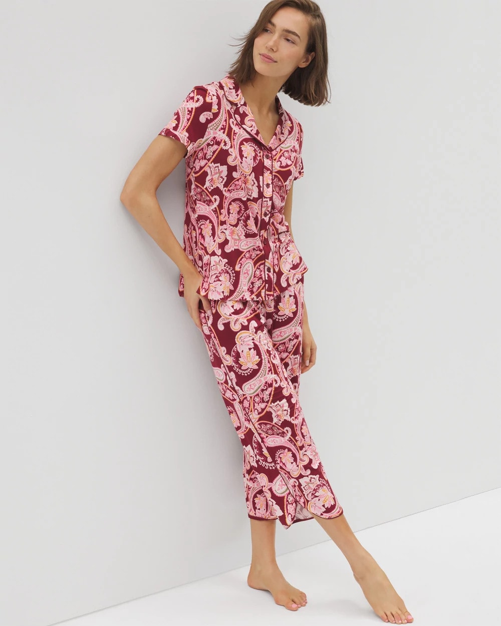 Piped Short Sleeve Notch Collar Pajama Top - KASHMIR PAISLEY KISS | Soma outlet
