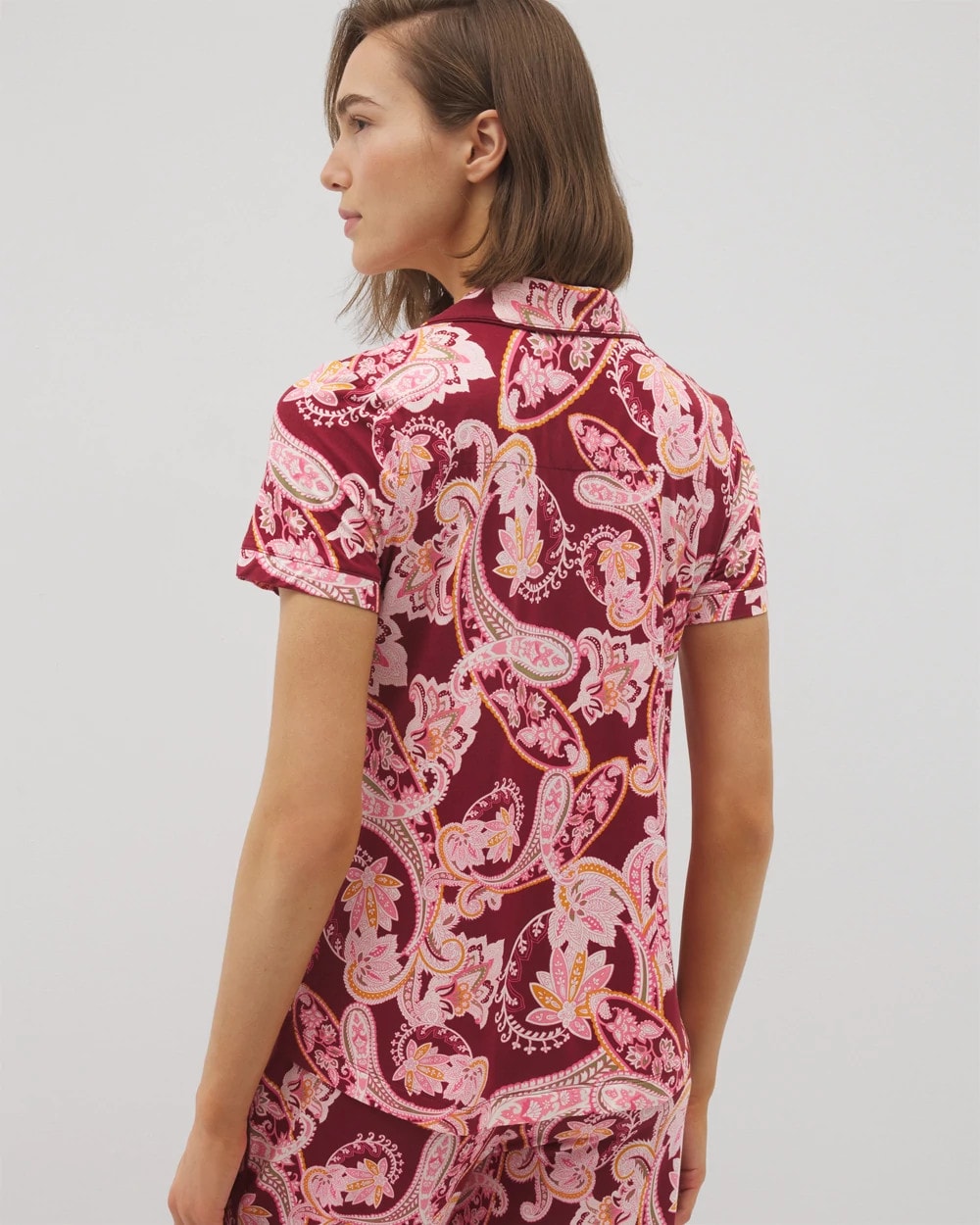 Piped Short Sleeve Notch Collar Pajama Top - KASHMIR PAISLEY KISS | Soma outlet