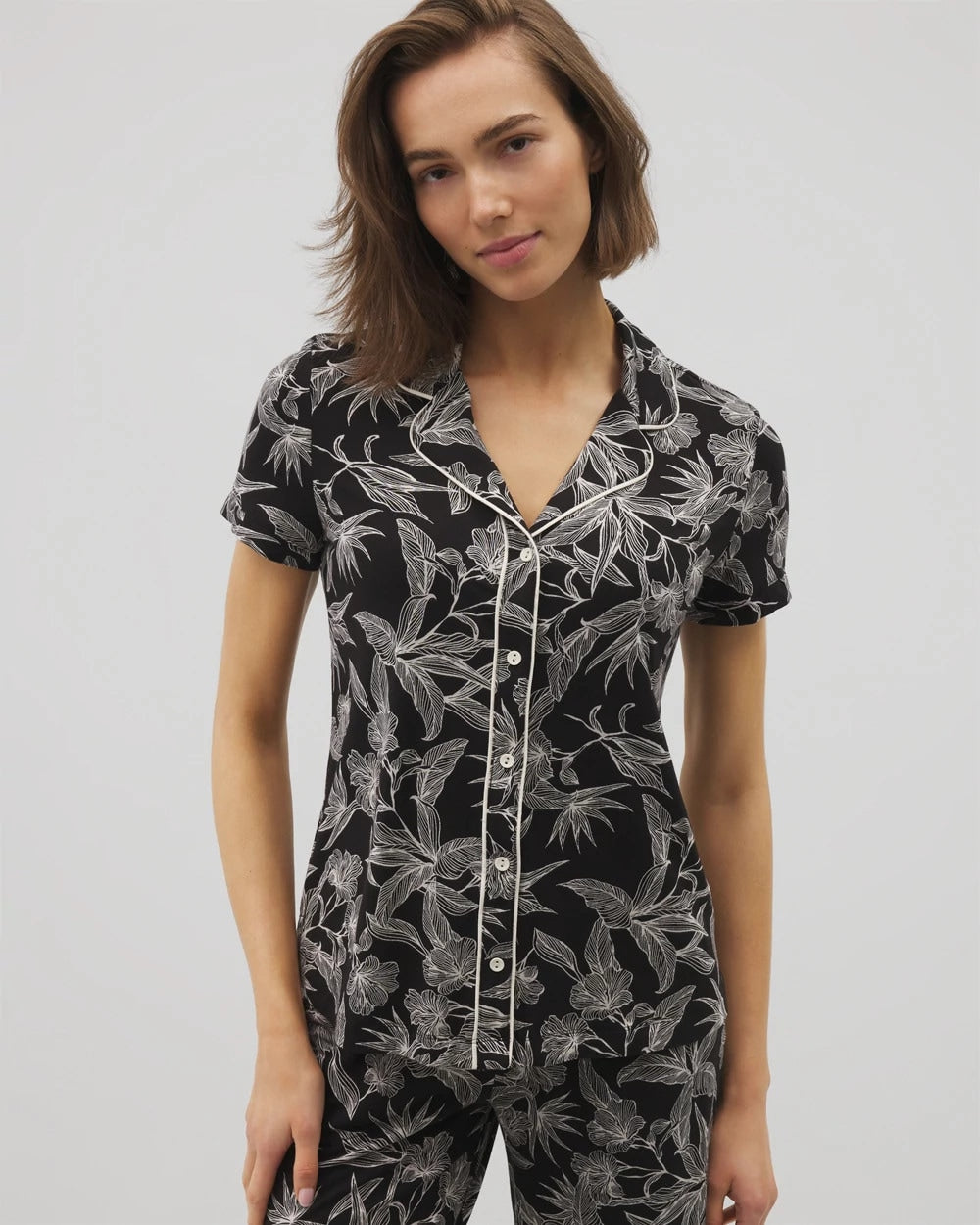 Piped Short Sleeve Notch Collar Pajama Top - PLUMERIA BLOOMS BLK CH | Soma near me