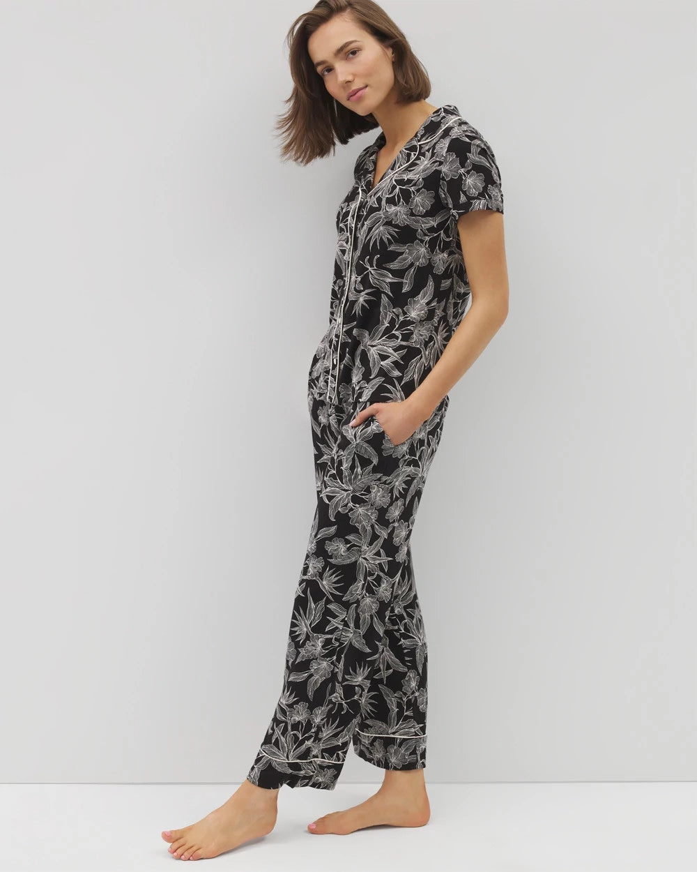 Piped Short Sleeve Notch Collar Pajama Top - PLUMERIA BLOOMS BLK CH | Soma near me