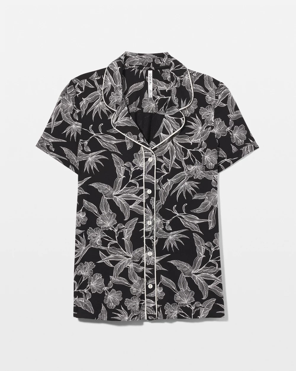 Piped Short Sleeve Notch Collar Pajama Top - PLUMERIA BLOOMS BLK CH | Soma near me