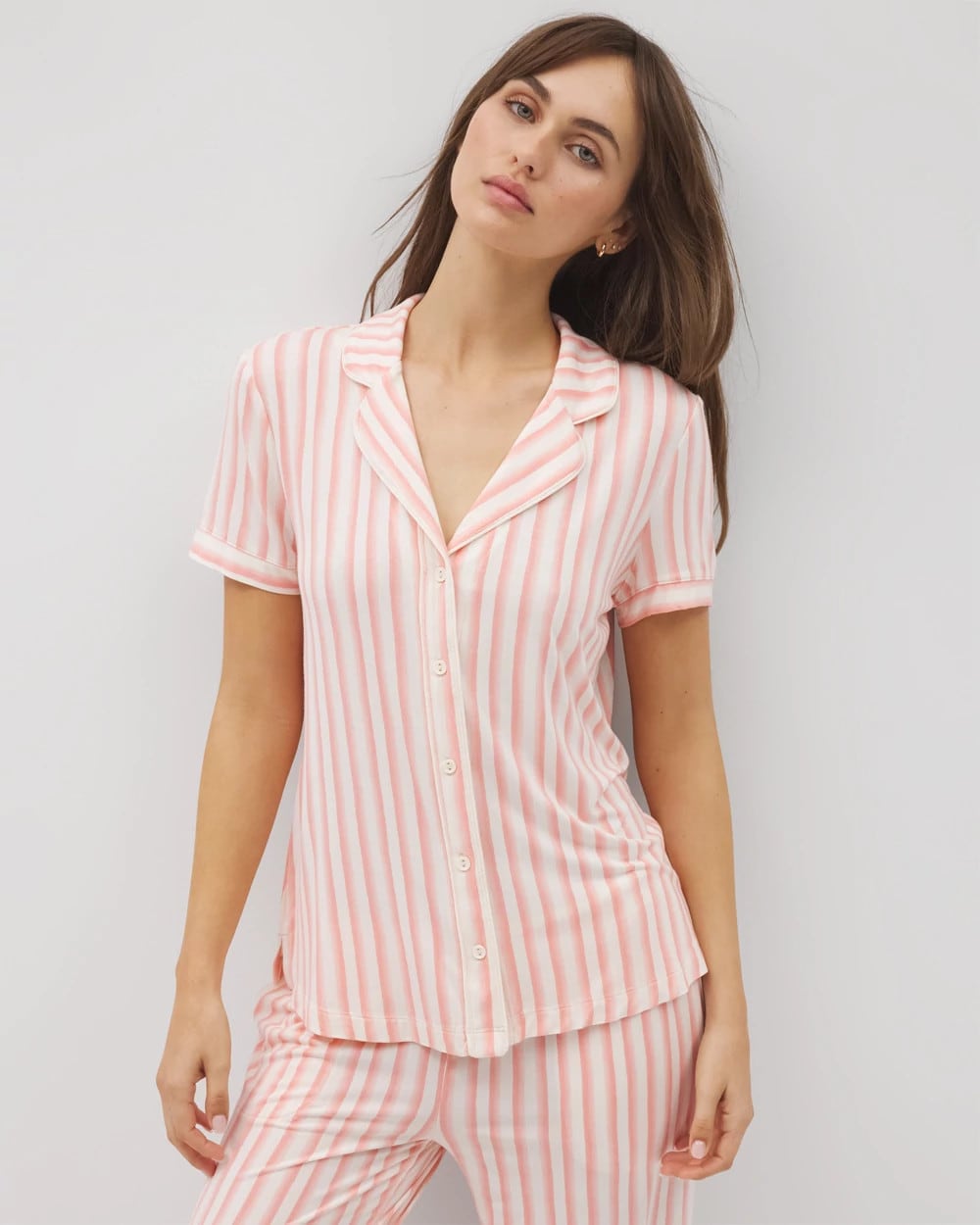 Piped Short Sleeve Notch Collar Pajama Top - SUNNY STRIPES CHAMPAGNE | Soma for sale
