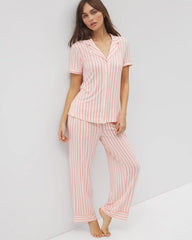 Piped Short Sleeve Notch Collar Pajama Top - SUNNY STRIPES CHAMPAGNE | Soma for sale