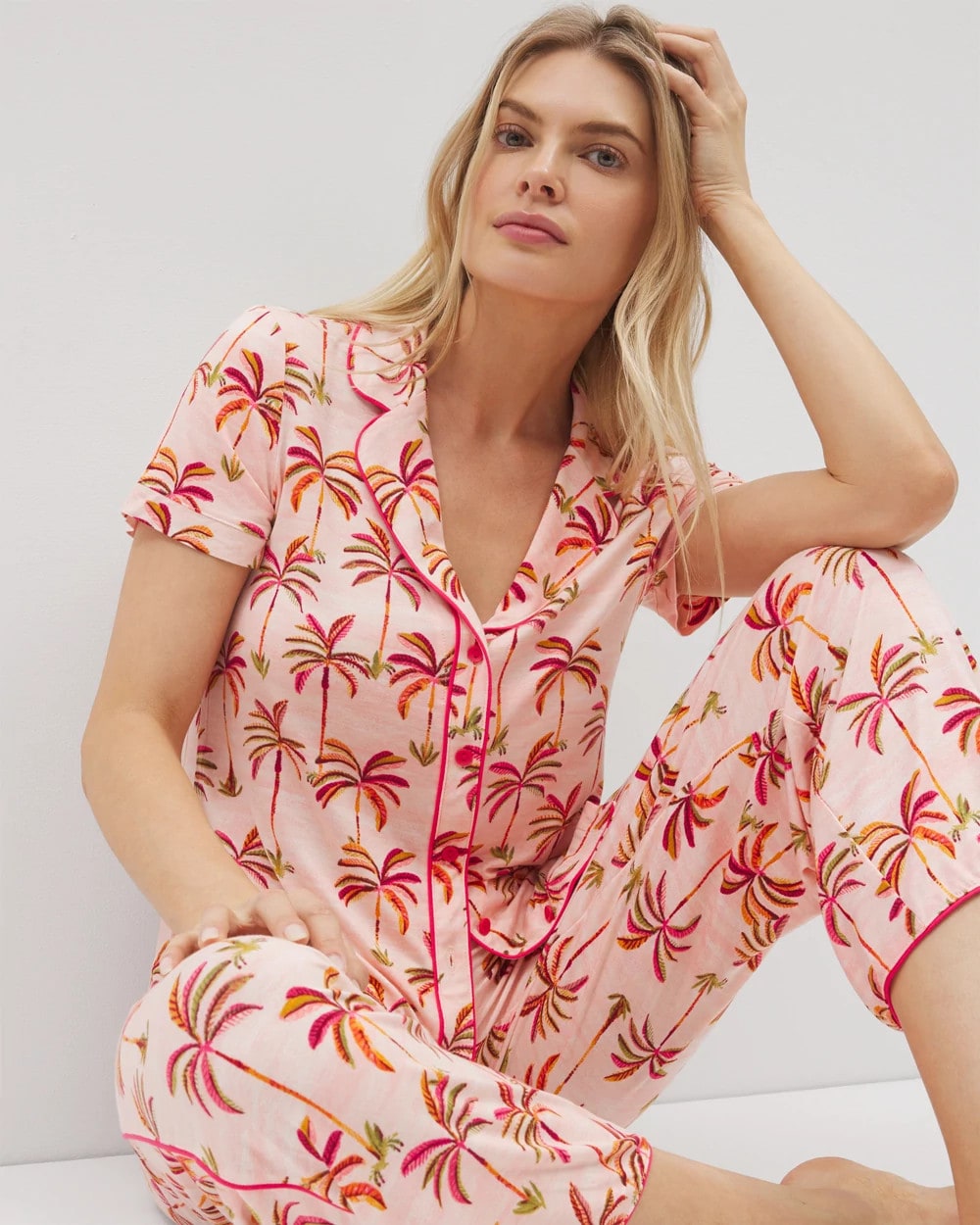 Piped Short Sleeve Notch Collar Pajama Top - SHAKE YOUR PALM PALMS P | Soma on sale