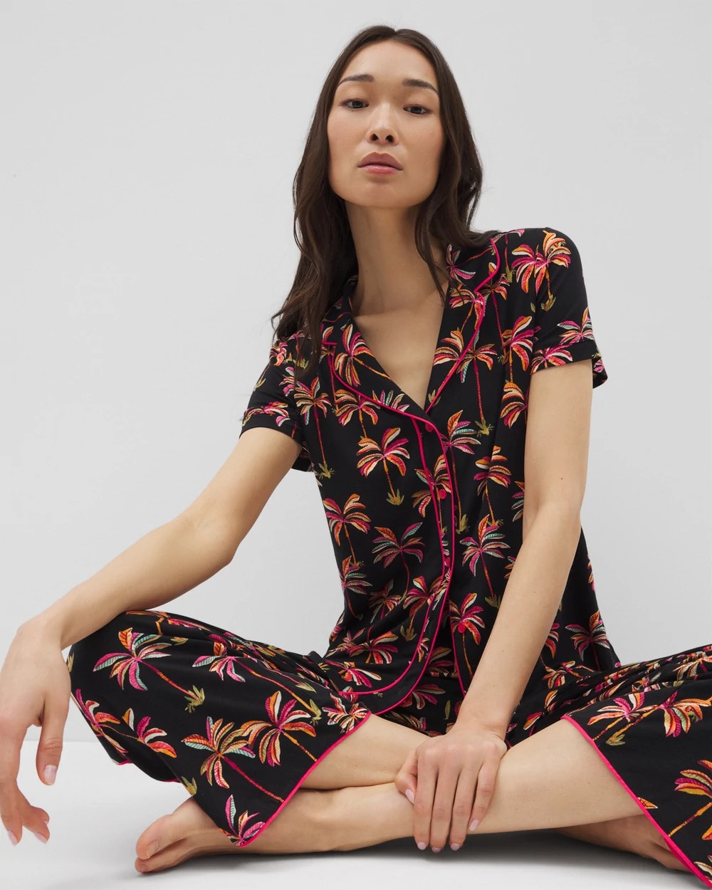 Piped Short Sleeve Notch Collar Pajama Top - SHAKE YOUR PALM PALMS BLK | Soma sale