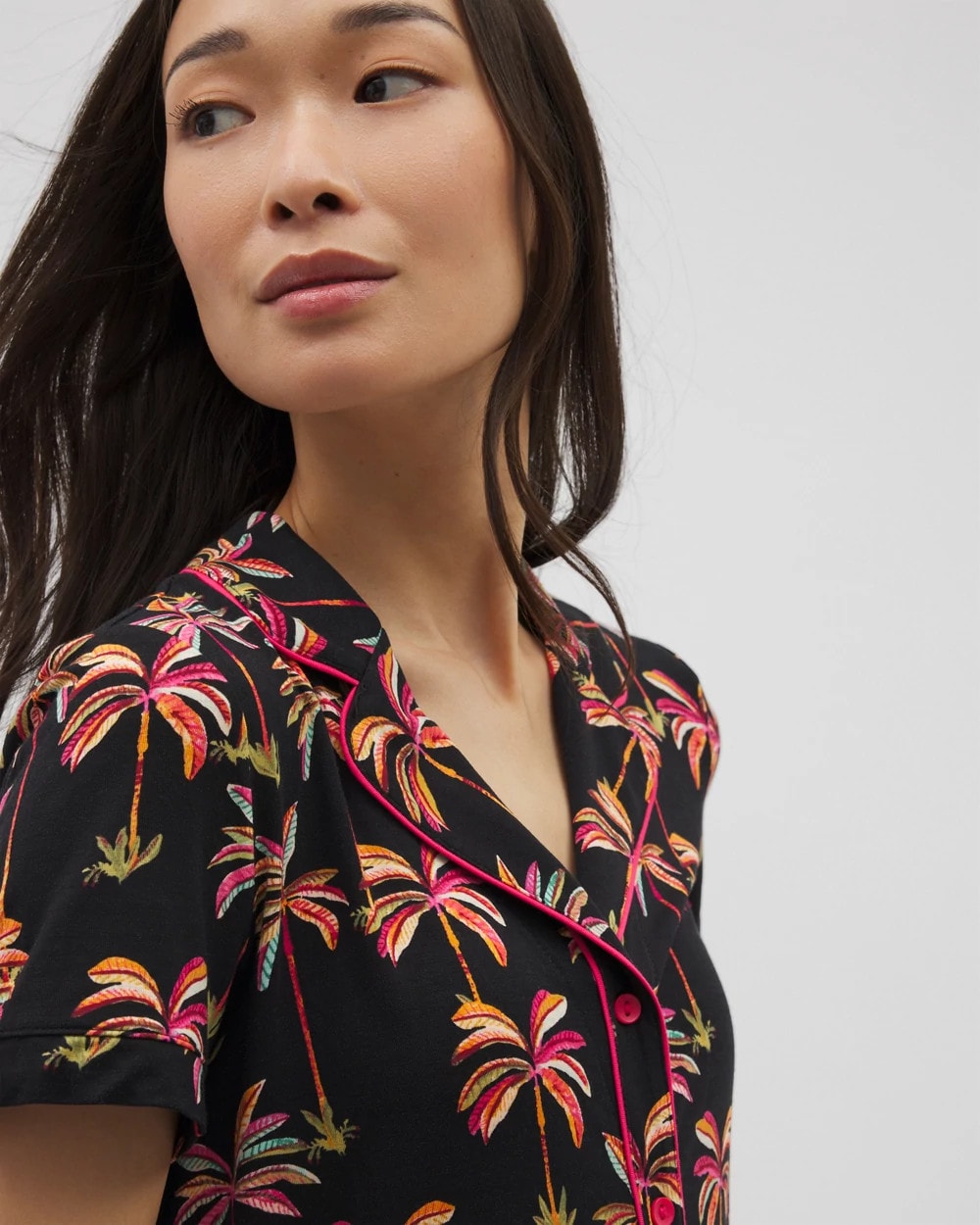 Piped Short Sleeve Notch Collar Pajama Top - SHAKE YOUR PALM PALMS BLK | Soma sale