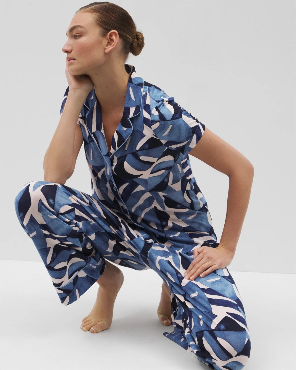 Piped Short Sleeve Notch Collar Pajama Top - TROPICAL BREEZE SKY | Soma discount