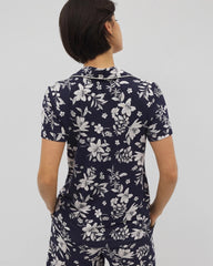 Piped Short Sleeve Notch Collar Pajama Top - PLUMERIA DREAM NAVY | Soma outlet