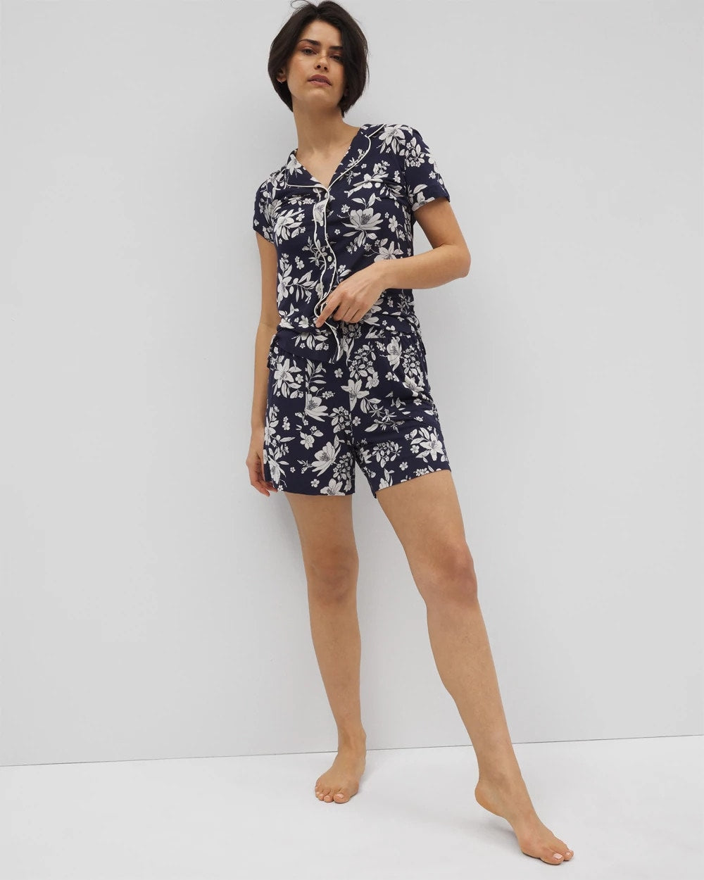 Piped Short Sleeve Notch Collar Pajama Top - PLUMERIA DREAM NAVY | Soma outlet