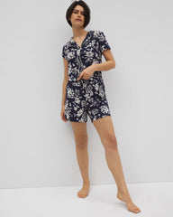 Piped Short Sleeve Notch Collar Pajama Top - PLUMERIA DREAM NAVY | Soma outlet