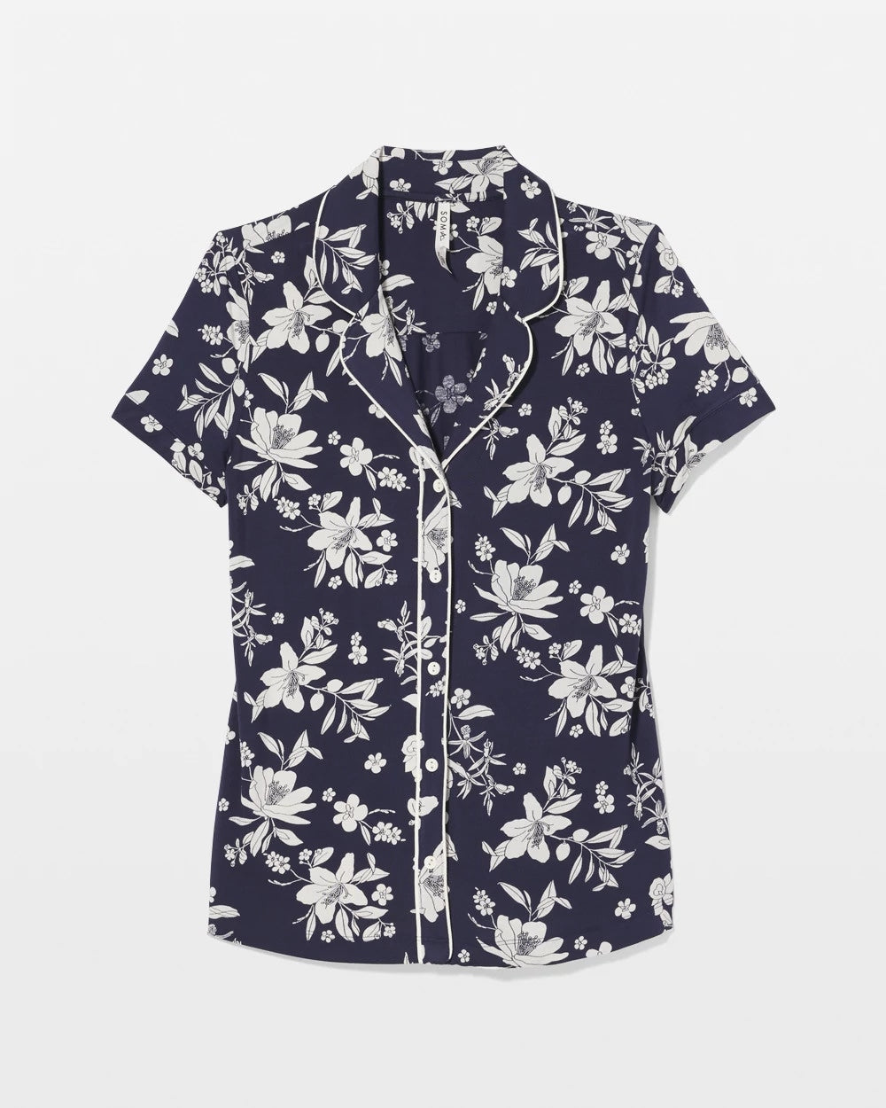 Piped Short Sleeve Notch Collar Pajama Top - PLUMERIA DREAM NAVY | Soma outlet