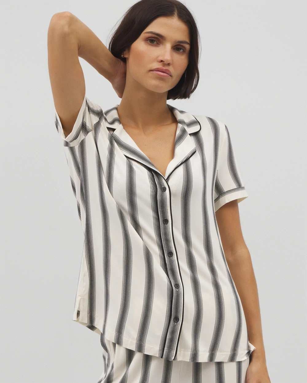 Piped Short Sleeve Notch Collar Pajama Top - HAMPTON STRIPE BLACK | Soma near me