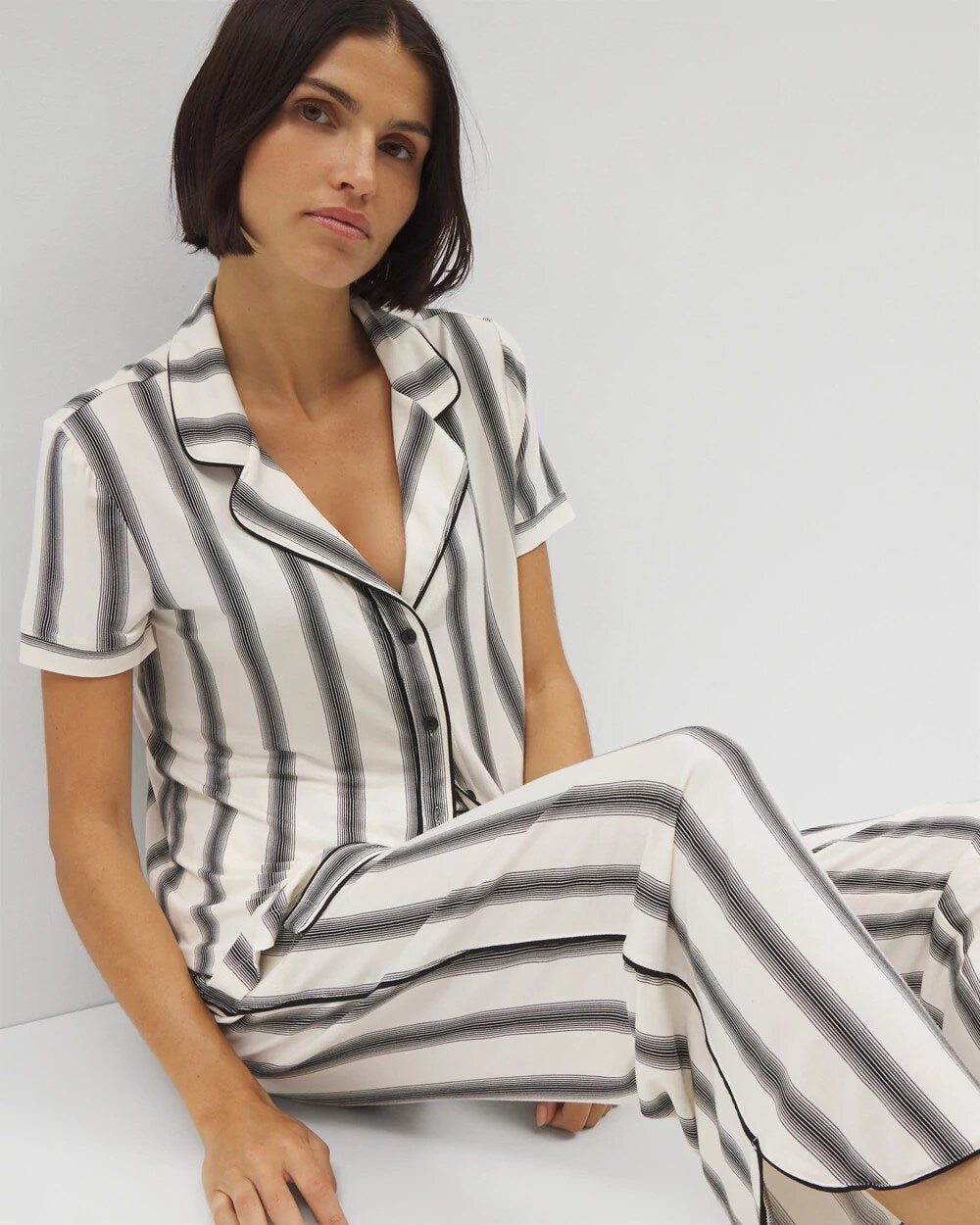 Piped Short Sleeve Notch Collar Pajama Top - HAMPTON STRIPE BLACK | Soma near me