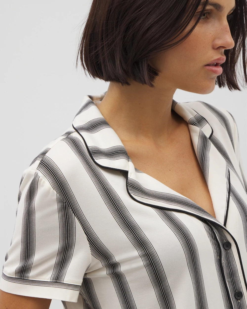 Piped Short Sleeve Notch Collar Pajama Top - HAMPTON STRIPE BLACK | Soma near me
