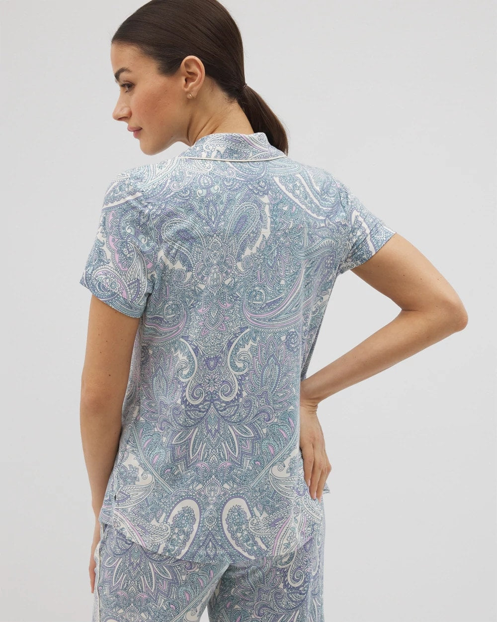 Piped Short Sleeve Notch Collar Pajama Top - GLOBAL PAISLEY GRAND C | Soma for sale