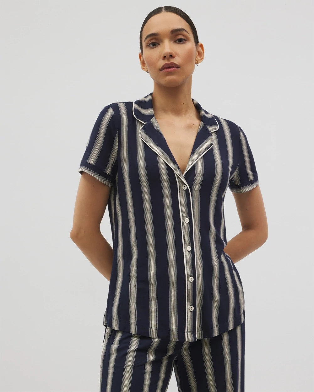Piped Short Sleeve Notch Collar Pajama Top - HAMPTON STRIPE NA CHAMP | Soma sale