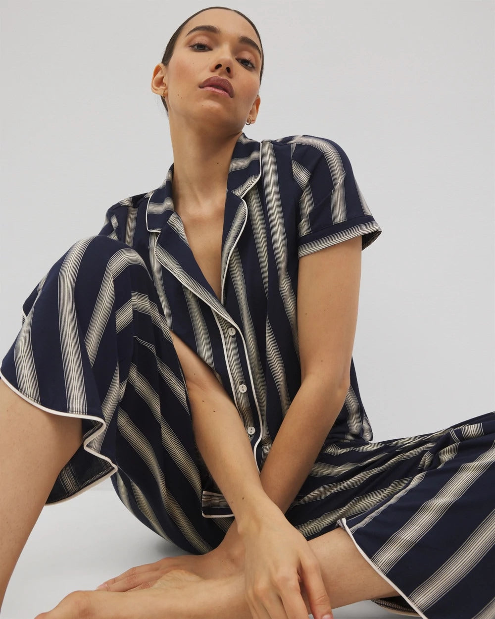Piped Short Sleeve Notch Collar Pajama Top - HAMPTON STRIPE NA CHAMP | Soma sale