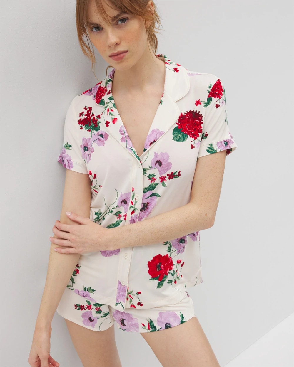 Piped Short Sleeve Notch Collar Pajama Top - RHAPSODY FLORAL SUGAR | Soma Online