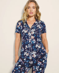 Piped Short Sleeve Notch Collar Pajama Top - PHANTOM FLORAL NAVY | Soma outlet