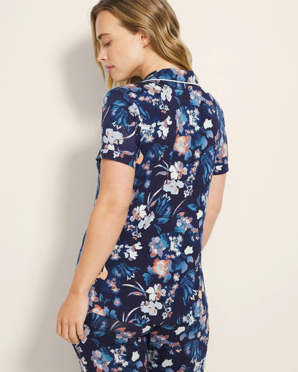 Piped Short Sleeve Notch Collar Pajama Top - PHANTOM FLORAL NAVY | Soma outlet