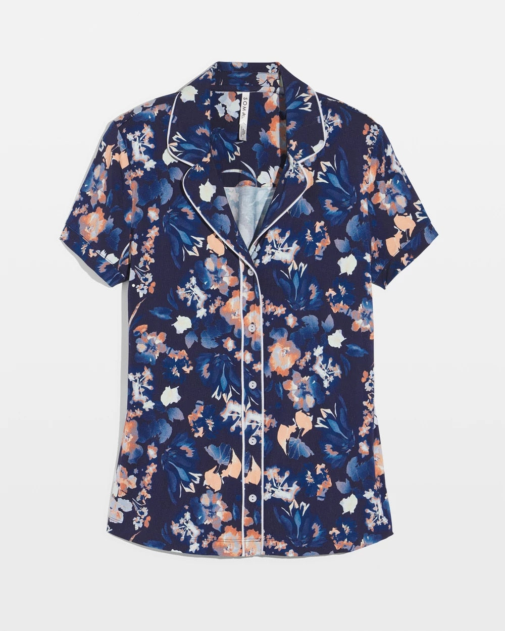 Piped Short Sleeve Notch Collar Pajama Top - PHANTOM FLORAL NAVY | Soma outlet