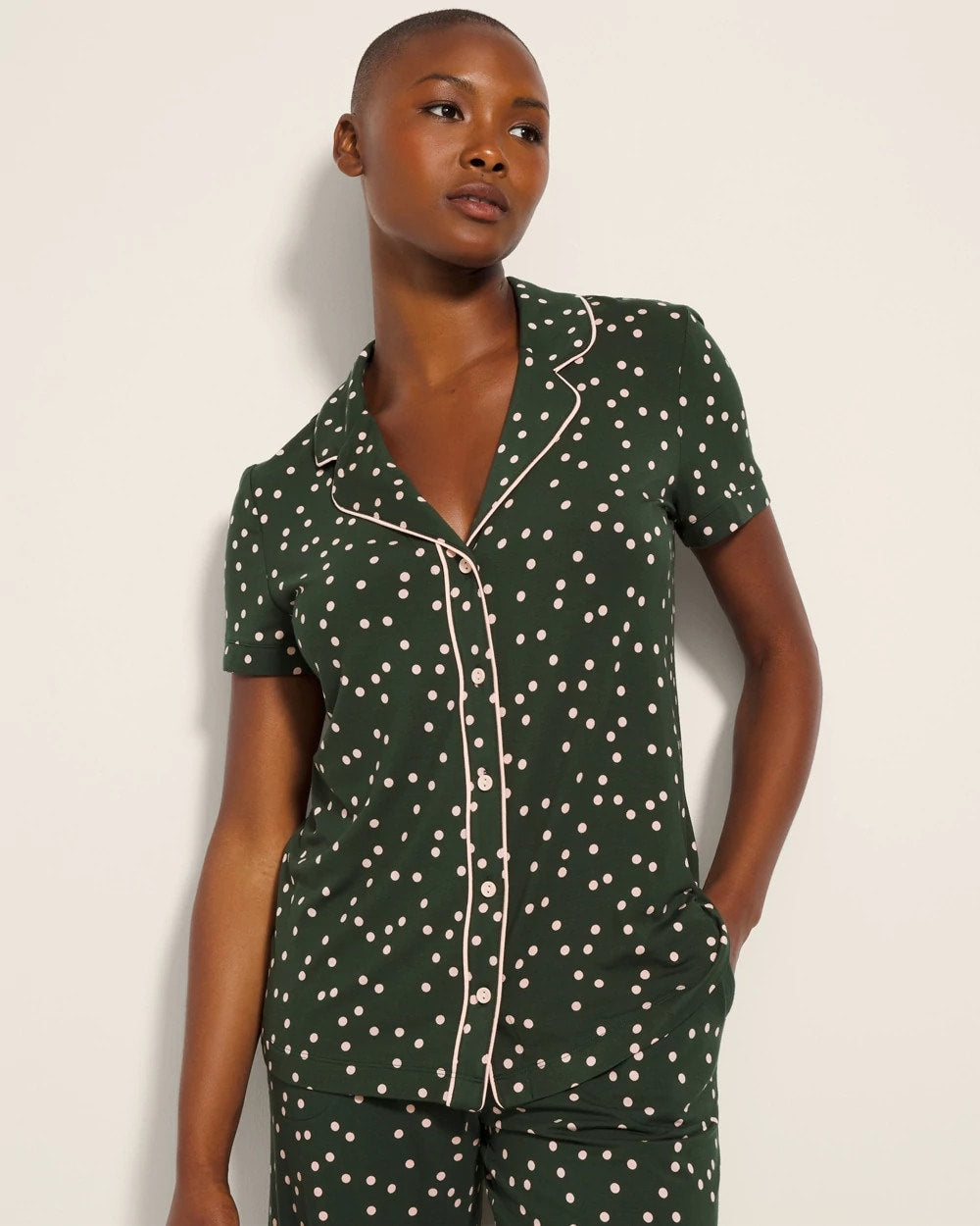Piped Short Sleeve Notch Collar Pajama Top - MERRY DOT LUSH EMERALD | Soma on sale