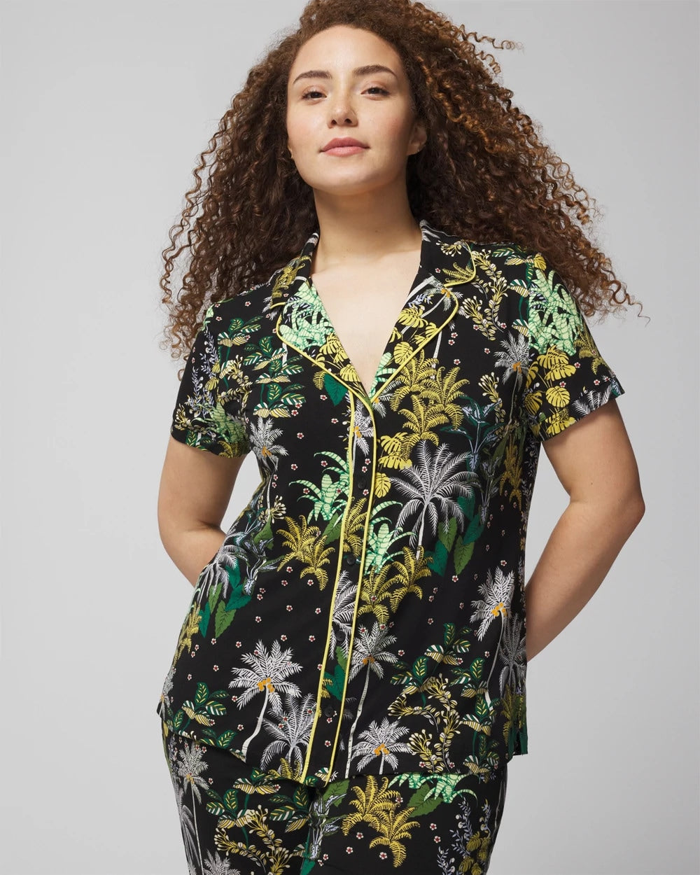 Piped Short Sleeve Notch Collar Pajama Top - OASIS PALMS BLACK/WS | Soma discount