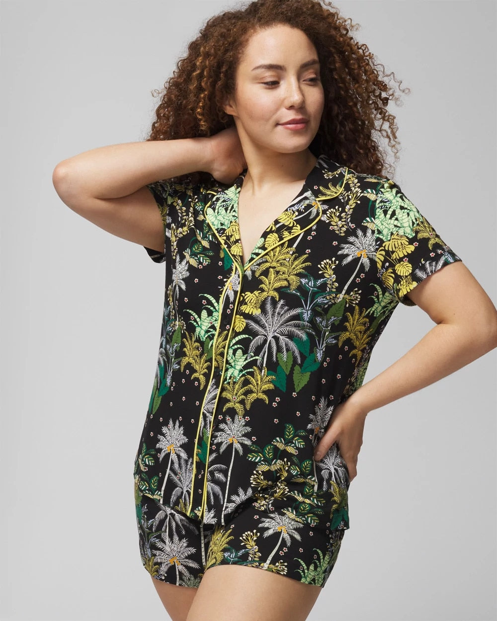 Piped Short Sleeve Notch Collar Pajama Top - OASIS PALMS BLACK/WS | Soma discount