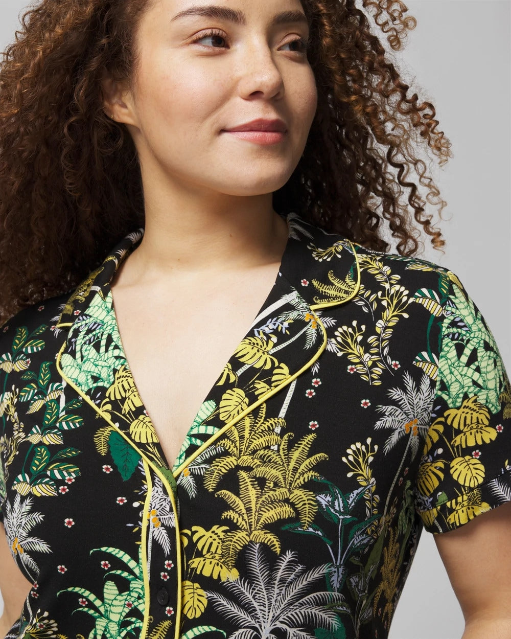 Piped Short Sleeve Notch Collar Pajama Top - OASIS PALMS BLACK/WS | Soma discount