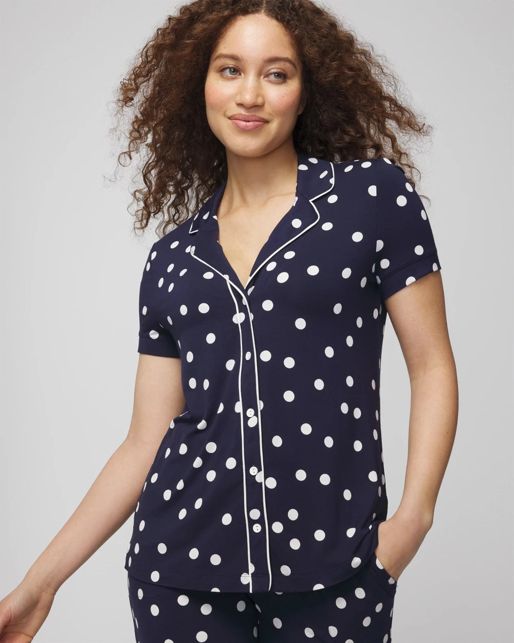 Piped Short Sleeve Notch Collar Pajama Top - MERRY DOT G NAVY/IVORY | Soma Online