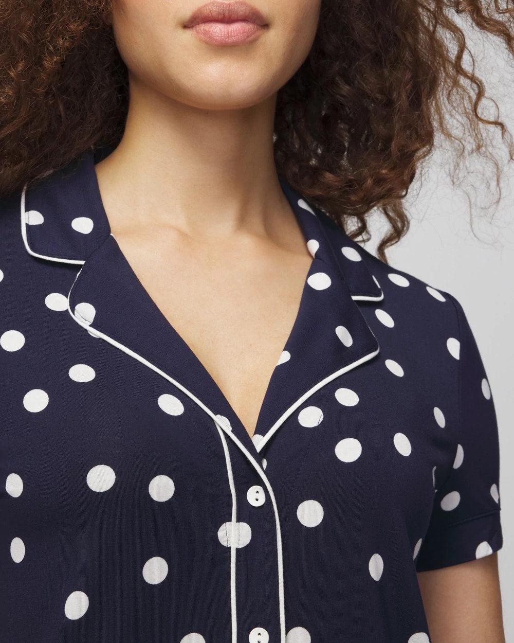 Piped Short Sleeve Notch Collar Pajama Top - MERRY DOT G NAVY/IVORY | Soma Online