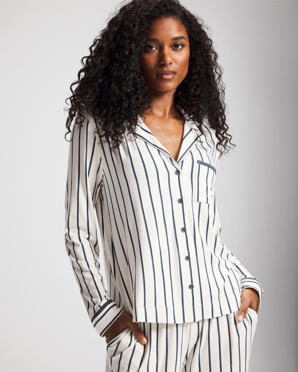 Long-Sleeve Notch Collar Pajama Top - UNWIND STRIPE CHAMPAGNE | Soma sale