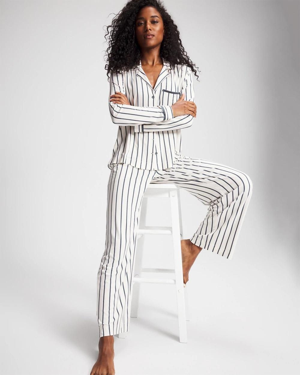 Long-Sleeve Notch Collar Pajama Top - UNWIND STRIPE CHAMPAGNE | Soma sale
