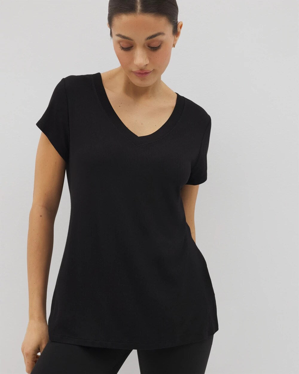 Rib Knit V-Neck Tee - BLACK | Soma discount