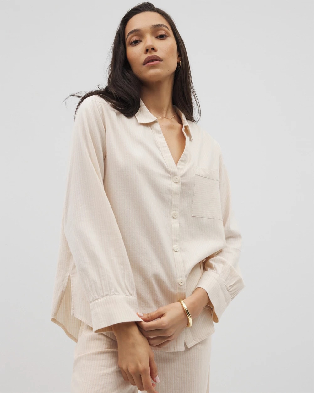 Beach Cotton Long Sleeve Button-Up - PALE SAND STRIPE | Soma discount